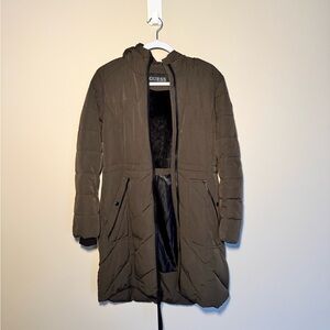 GUESS Women's Knee Length Heavy Puffer Coat with Faux Fur Trimmed Hood